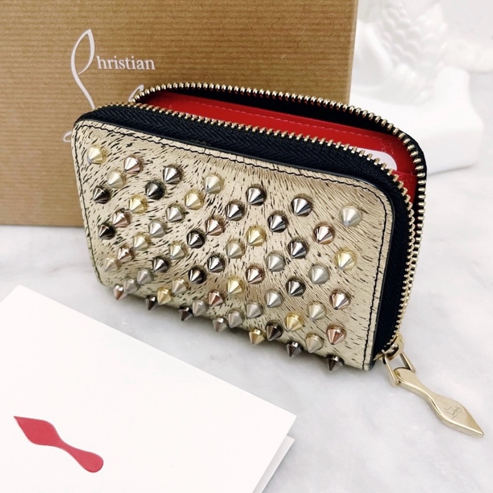Christian Louboutin Gold and Red Studded Zippy Wallet, original box & care card